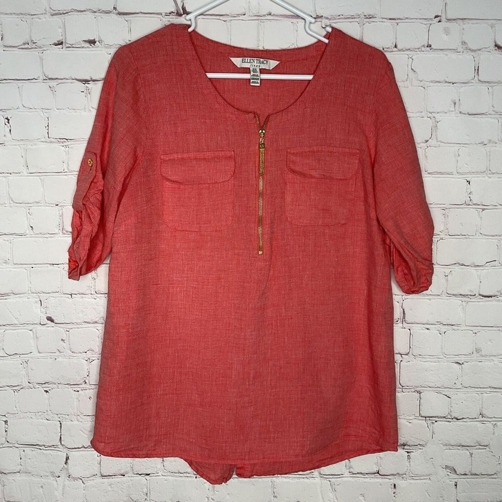 Ellen Tracy Coral Pink 1/4 Zip Roll Top 3/4 Sleeve Blouse Women M Bangladesh